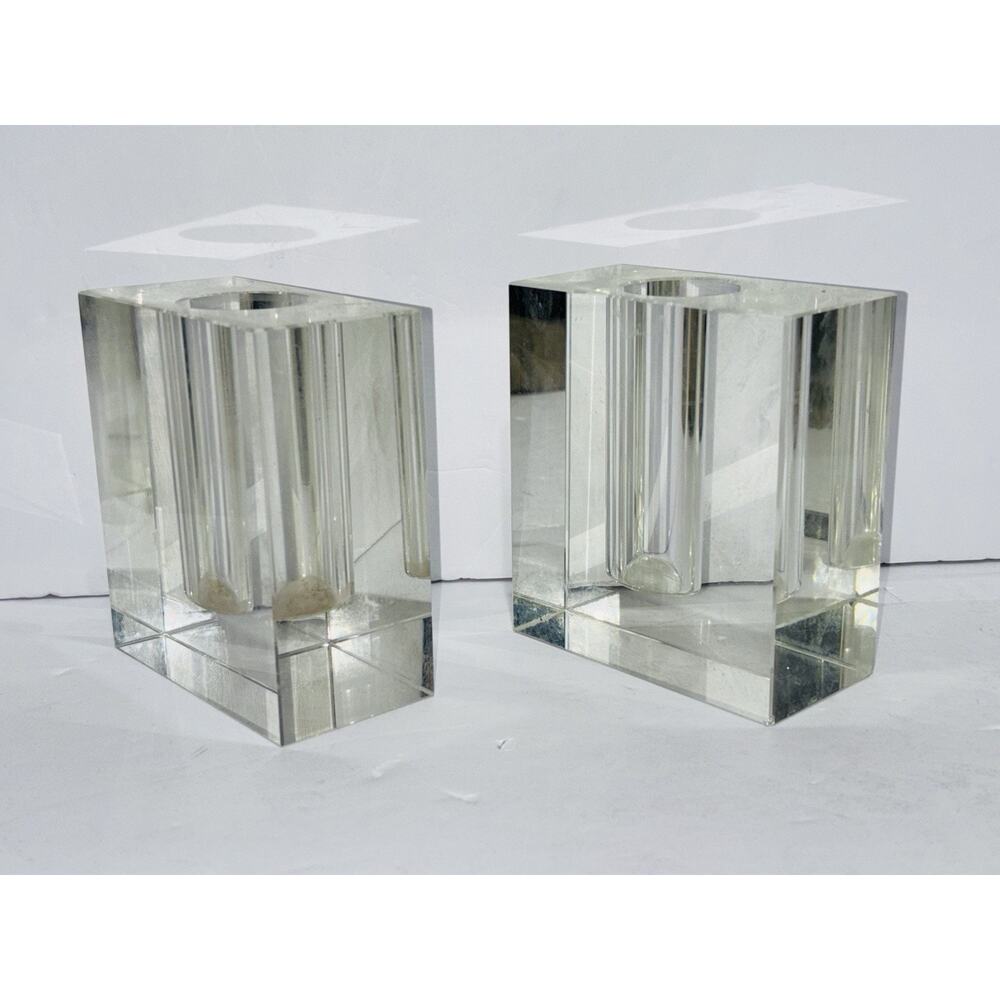 Mid Century Crystal Candle Holders Square Rectangles Clear Modern